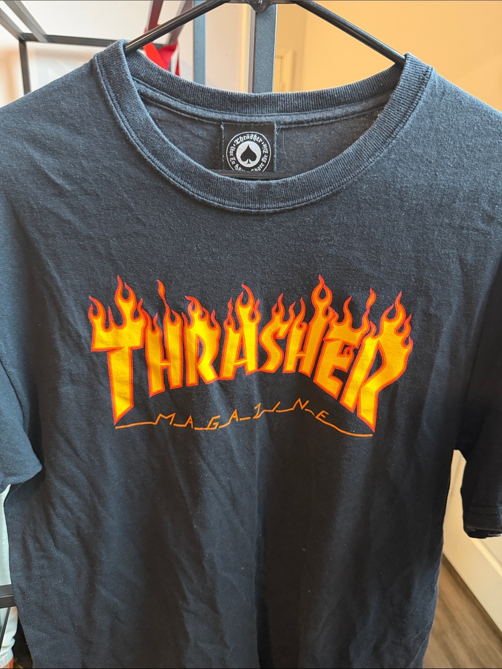 Thrasher Black Tee with Orange & Yellow Flame Logo